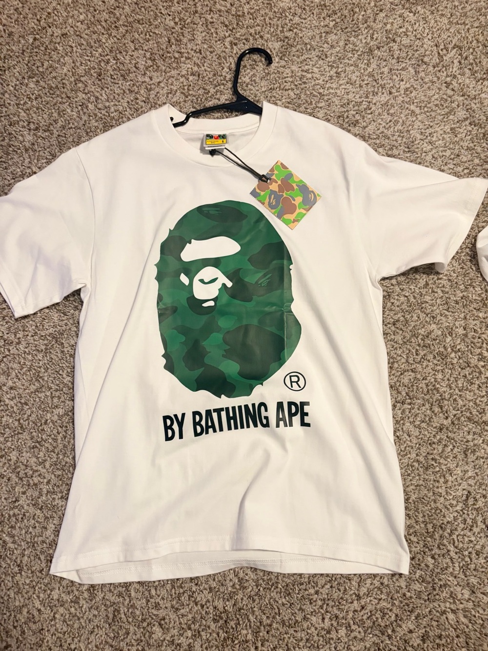 Bape White Tee with Green Camo Ape Head